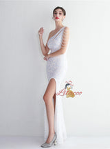 One Shoulder Sequins Beading Split Prom Dress