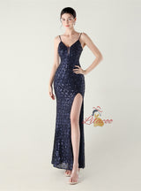 Spaghetti Straps Sequins Split Prom Dress