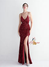 Spaghetti Straps Mermaid Sequins Split Prom Dress