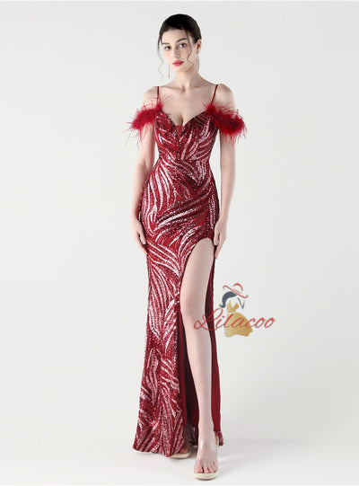 Memraid Sequins Spaghetti Straps Feather Split Prom Dress