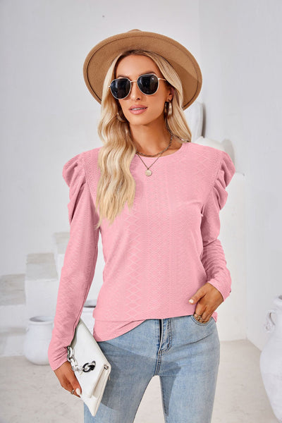 Round Neck Loose Pleated Long Sleeve T-shirt