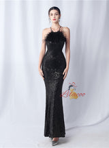 Halter Mermaid Sequins Feather Prom Dress