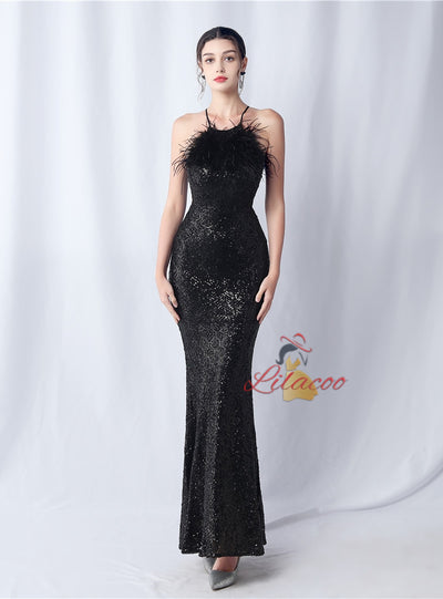 Halter Mermaid Sequins Feather Prom Dress