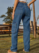 Washed Elastic Pocket Jeans Casual Pants