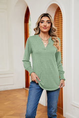 Solid Color V-neck Loose Long Sleeve T-shirt