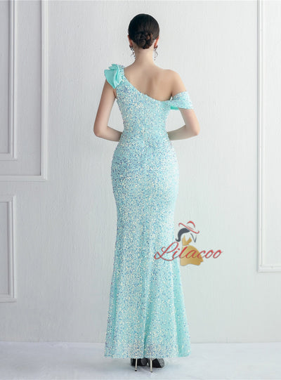 Mermaid Sequins One Shoulder Split Prom Dress