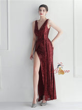 V-neck Sequins Pleats Split Prom Dress