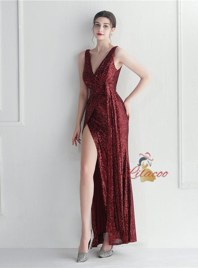 V-neck Sequins Pleats Split Prom Dress