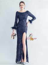Long Sleeve Split Sequins Prom Dress