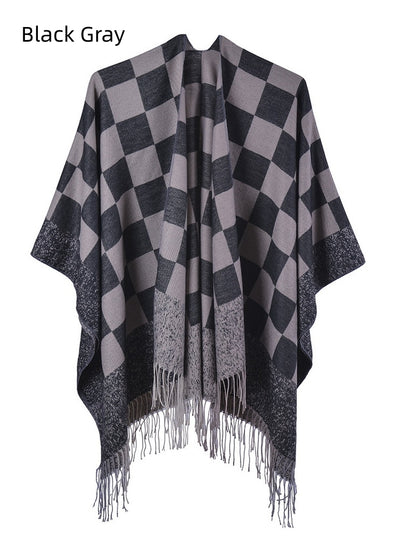 Fringed Shawl Fashion Plaid Split Cloak