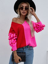 Loose V-neck Splicing Leopard Print Pullover Sweater