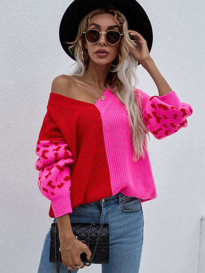 Loose V-neck Splicing Leopard Print Pullover Sweater