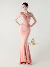 Mermaid V-neck Lace Beading Prom Dress