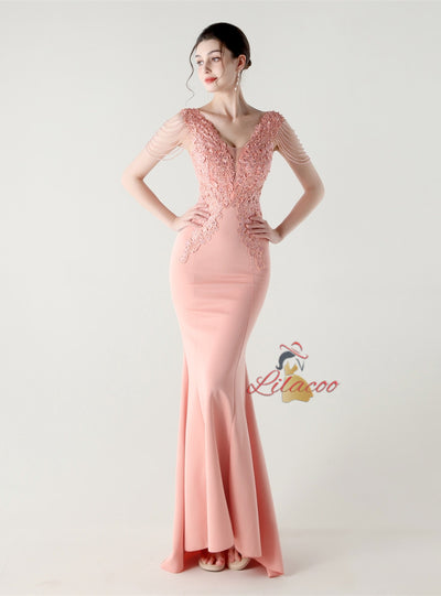 Mermaid V-neck Lace Beading Prom Dress