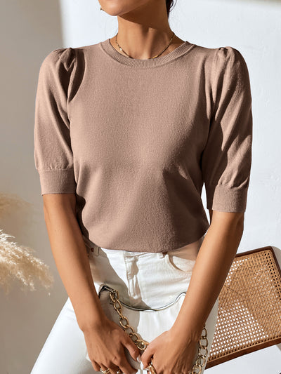 Knit Pleated Short Sleeve Solid Color Sweater
