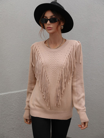 Loose Solid Color Fringed Pullover Sweater