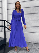 V-neck Long-sleeved Pleated Long Dress
