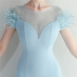 Blue Scoop Neck Split Feather Prom Dress