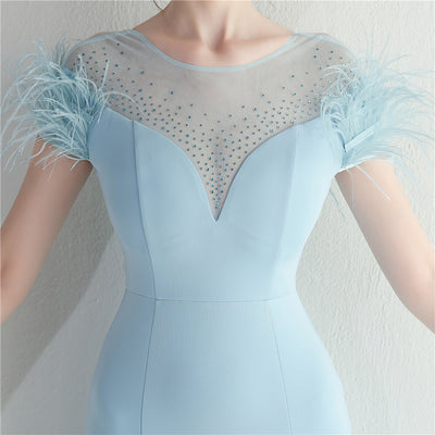 Blue Scoop Neck Split Feather Prom Dress