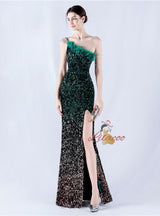 One Shoulder Sequins Feather Prom Dress