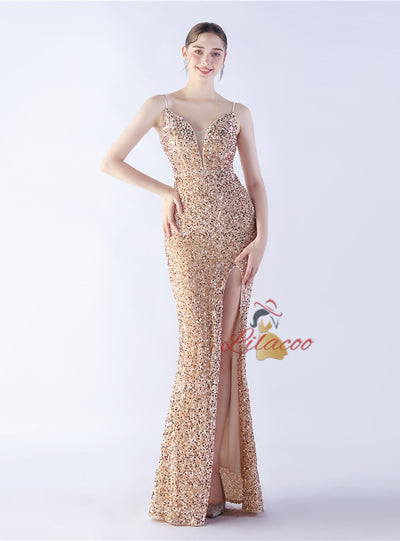 Sequins Off the Shoulder Split Prom Dress