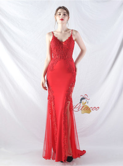 Mermaid Spaghetti Straps Appliques Prom Dress