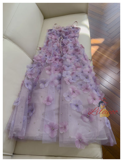 Purple 3D Flower Straps Prom Dress
