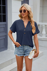 Solid Color V-neck Button Short Sleeve T-shirt
