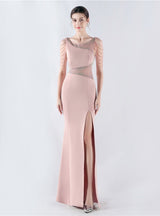 Scoop Neck Beading Split Prom Dress