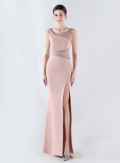 Scoop Neck Beading Split Prom Dress