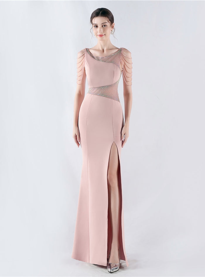 Scoop Neck Beading Split Prom Dress