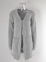 Rib Cardigan Pocket Solid Color Knitted Sweater Coat