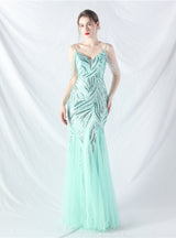 Spaghetti Straps Mermaid Sequins Tulle Beading Prom Dress