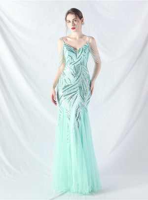 Spaghetti Straps Mermaid Sequins Tulle Beading Prom Dress