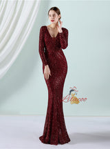 Mermaid Sequins Long Sleeve V-neck Prom Dress