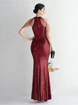 Mermaid Sequins Halter Beading Prom Dress