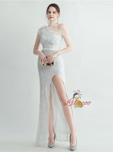 Women One Shoulder Sequins Split Prom Dress