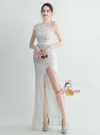 Women One Shoulder Sequins Split Prom Dress