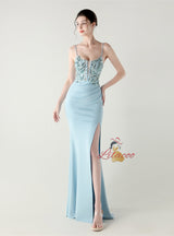 Mermaid Spaghetti Straps Appliques Split Prom Dress