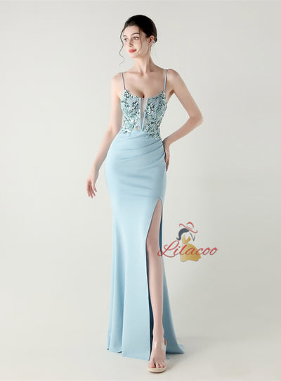 Mermaid Spaghetti Straps Appliques Split Prom Dress