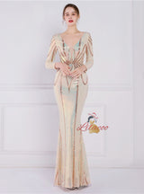 Long Sleeve V-neck Sequins Prom Dress
