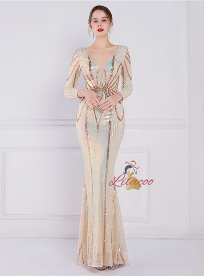 Long Sleeve V-neck Sequins Prom Dress