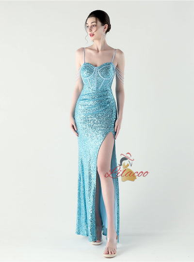 Mermaid Sequins Spaghetti Straps Pleats Beading Prom Dress