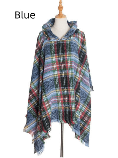 Double-sided Plaid Hooded Cloak Shawl