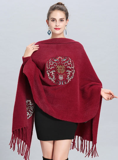 Embroidered Knitted Fringed Long Shawl