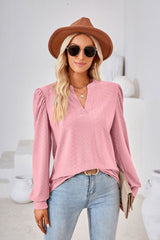 Solid Color V-neck Long Sleeve Loose T-shirt