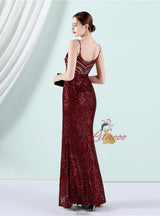 Burgundy Mermaid Sequins Spaghetti Straps Prom Dress