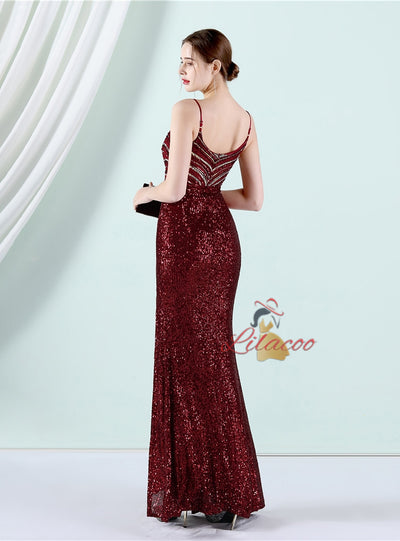 Burgundy Mermaid Sequins Spaghetti Straps Prom Dress