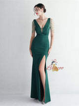 Mermaid V-neck Pleats Beading Prom Dress