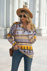 Geometric Pattern Long Sleeve Hooded Button Top